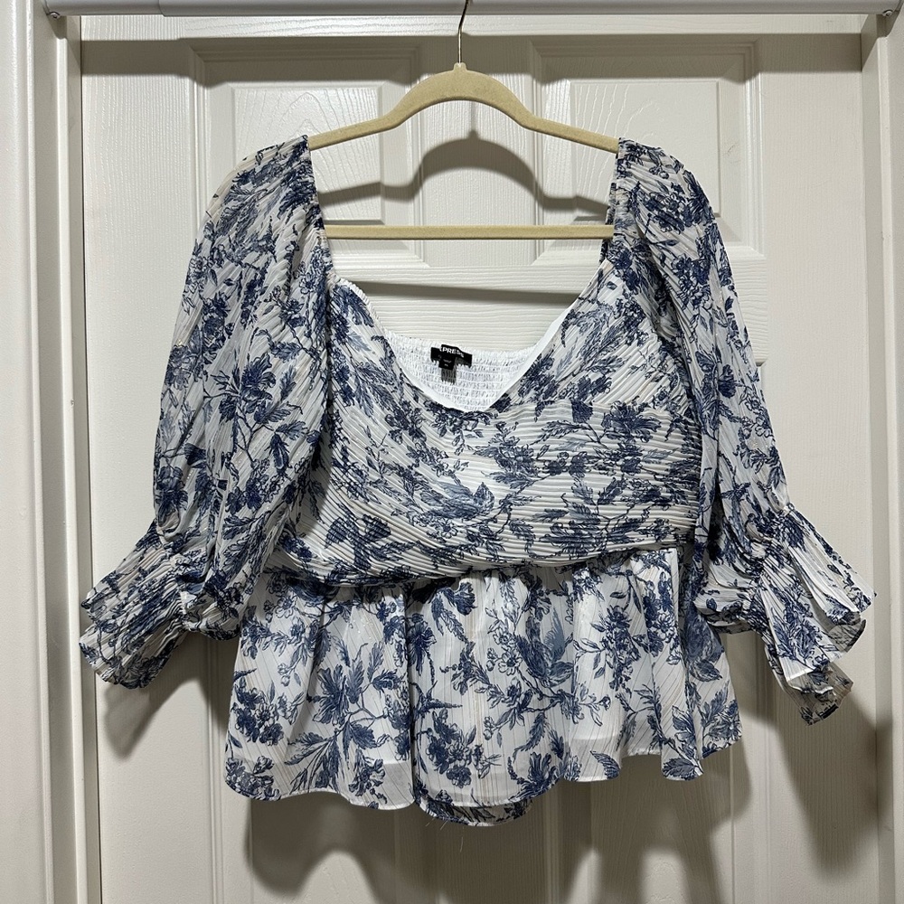 Express Blue and White Puff Sleeve Peplum Blouse